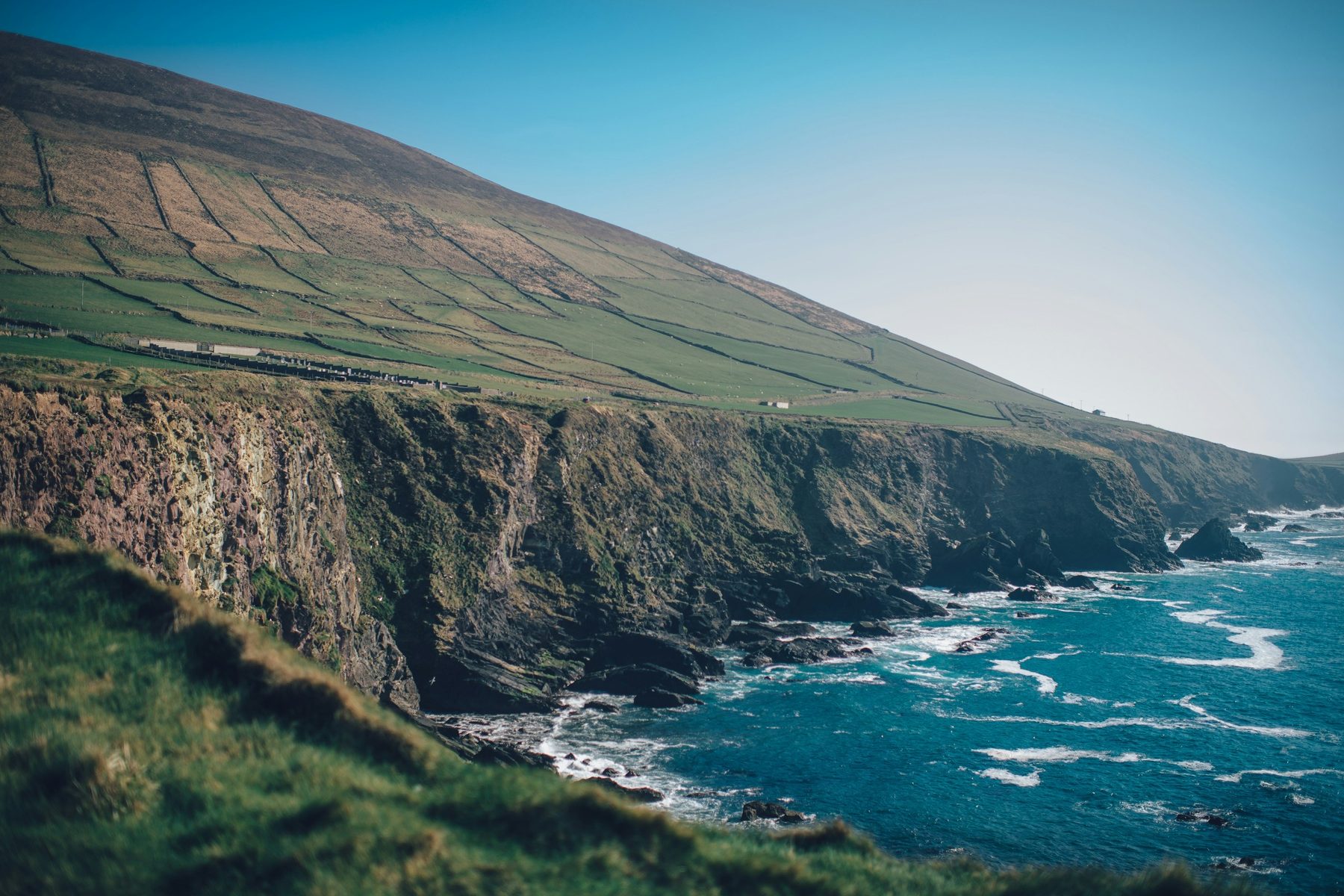 Green cliffs above a blue sea on the Dingle Peninsula