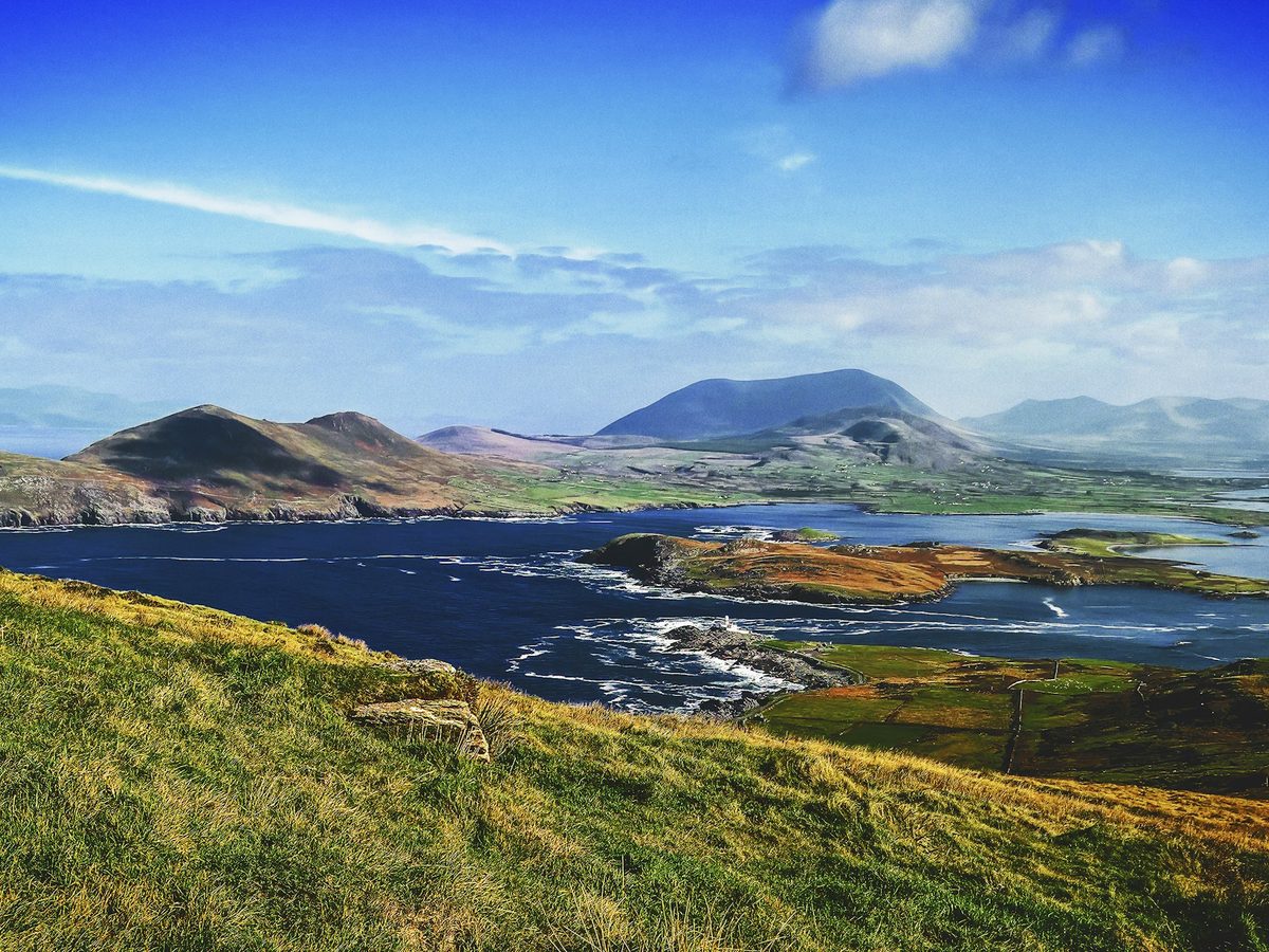Green hills and islands along the Kerry coast